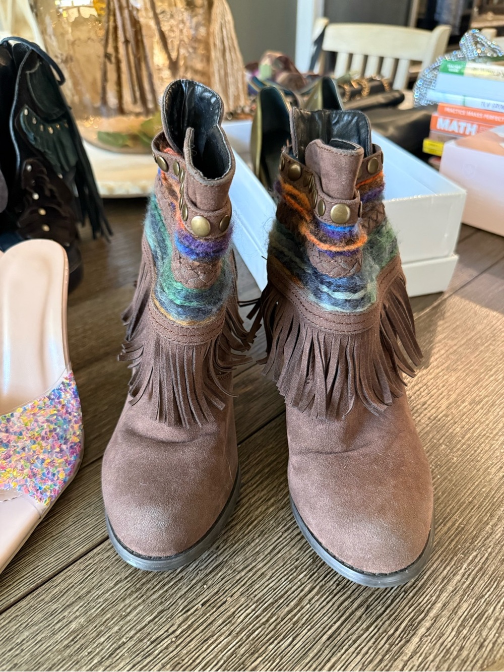 Brown Suede Fringe Ankle Boots with Multicolor Wool Trim